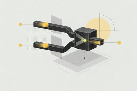Fünf schematische Stationen sind durch dünne Signalwege verbunden. Am vierten Knoten liegt ein versetzter Doppelimpuls, den eine kleine Prüfstelle zu einem einzigen Zielknoten auflöst.