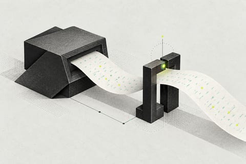 Ein gefaltetes Graphitmodul gibt eine helle Textbahn durch eine schmale Prüfschleuse frei; einzelne mintfarbene und limettengrüne Punkte markieren das statistische Signal.